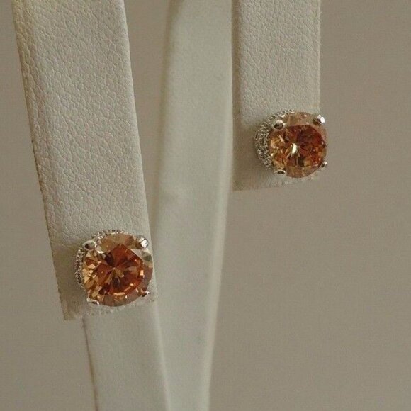 925 STERLING SILVER CHAMPAGNE STUD EARRINGS SIMULATED CHAMPAGNE DIAMONDS/8MM - Picture 8 of 10